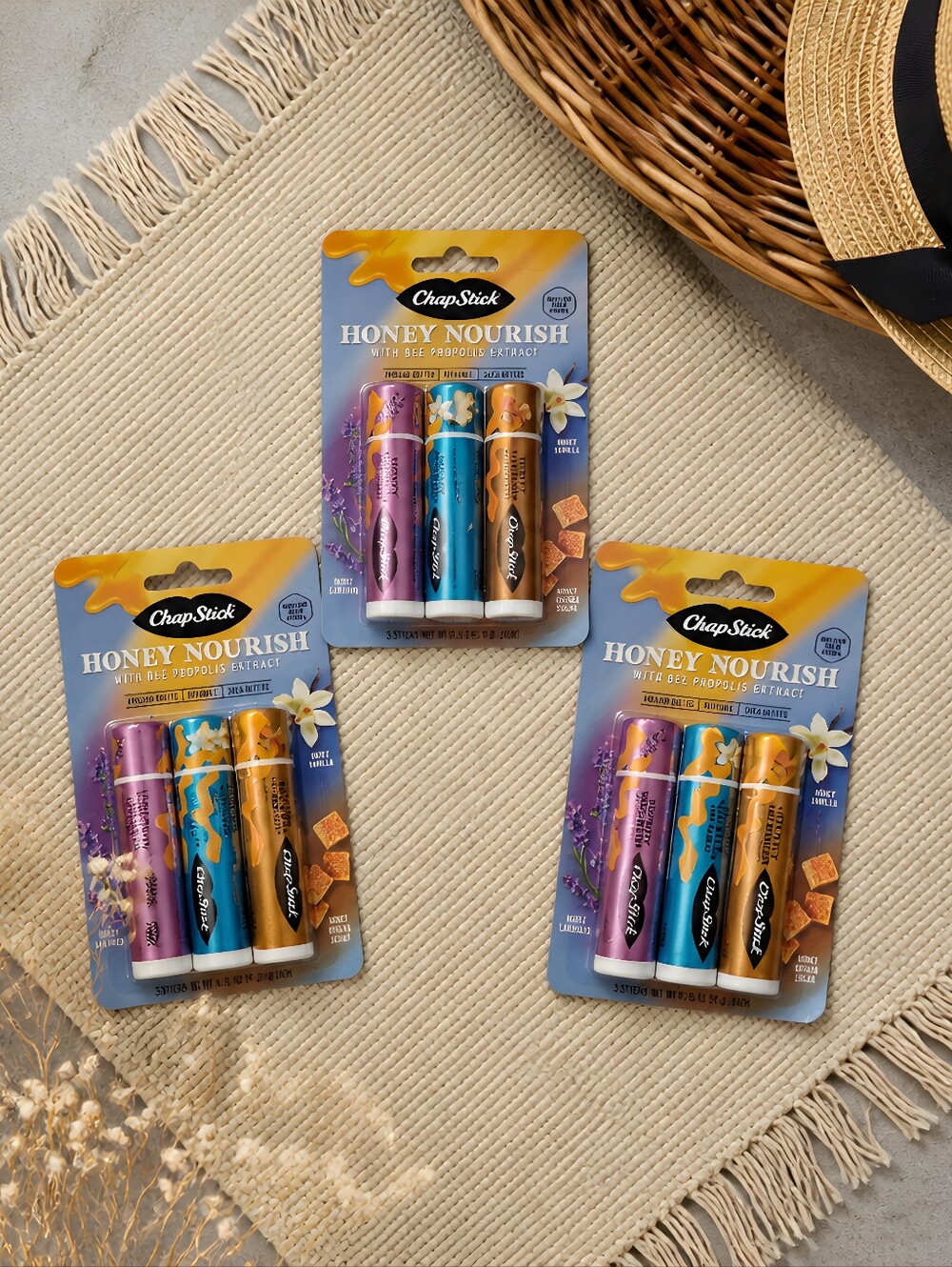 Chapstick Honey Nourish Lip Balm Trio w/ Bee Propolis Extract.Multi Flavor.New